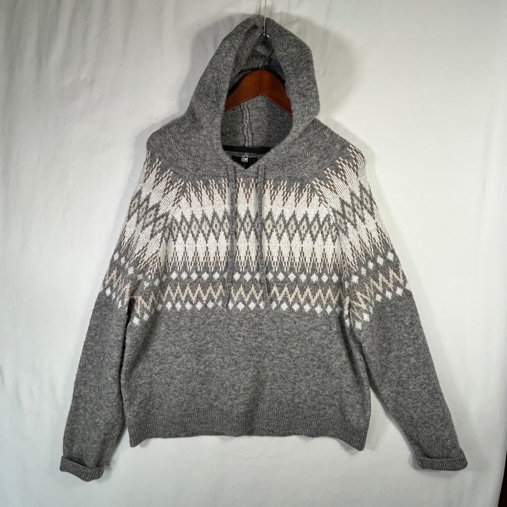 Frye Womens Gray Fair Isle Knit Hoodie Sweater XL Geometric Pullover Drawstring